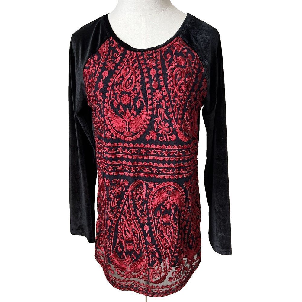 Sundance Paisley‎ Embroidered Mesh Long Sleeve Tunic Top Boho M Whimsigoth